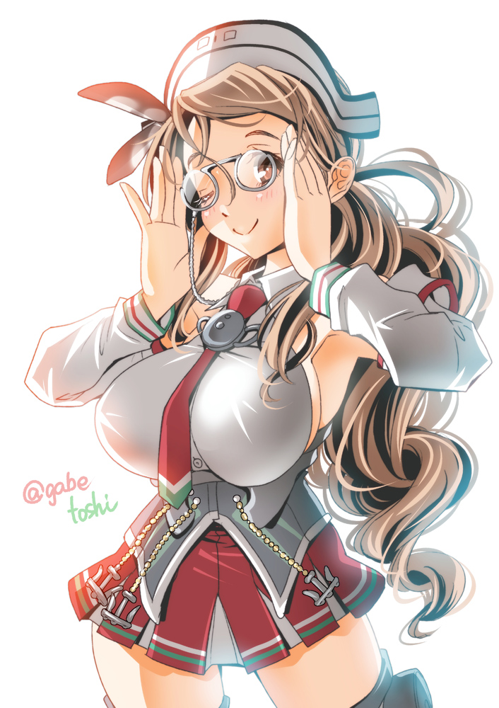 1girl, adjusting_glasses, anchor, armpits, bespectacled, breasts, brown_eyes, brown_hair