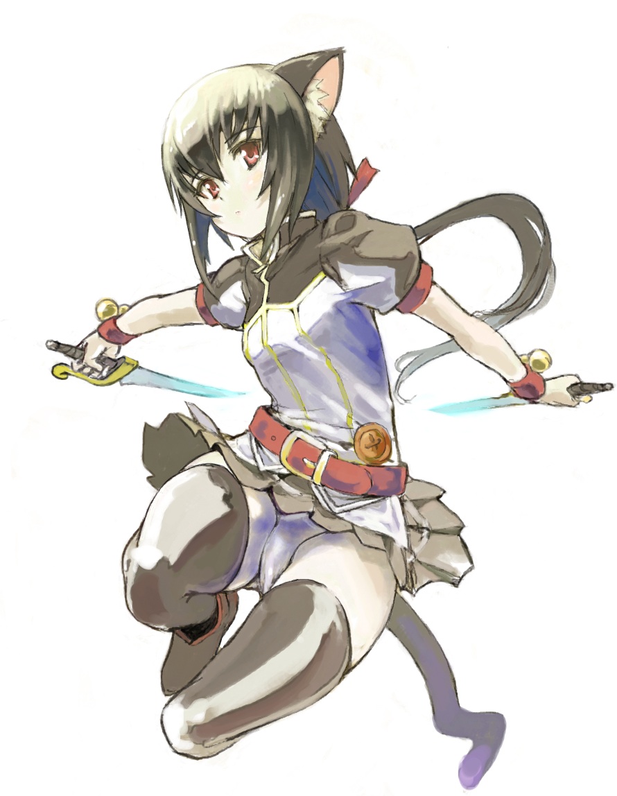 1girl, animal_ears, belt, black_hair, cat_ears, cat_tail, dagger, dog_days