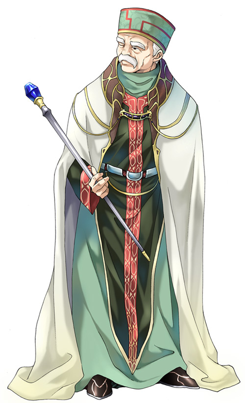 1boy, agahari, boah, cape, facial_hair, fire_emblem, fire_emblem:_mystery_of_the_emblem, hat, mustache, one_eye_closed, simple_background, solo, staff, white_background, white_hair