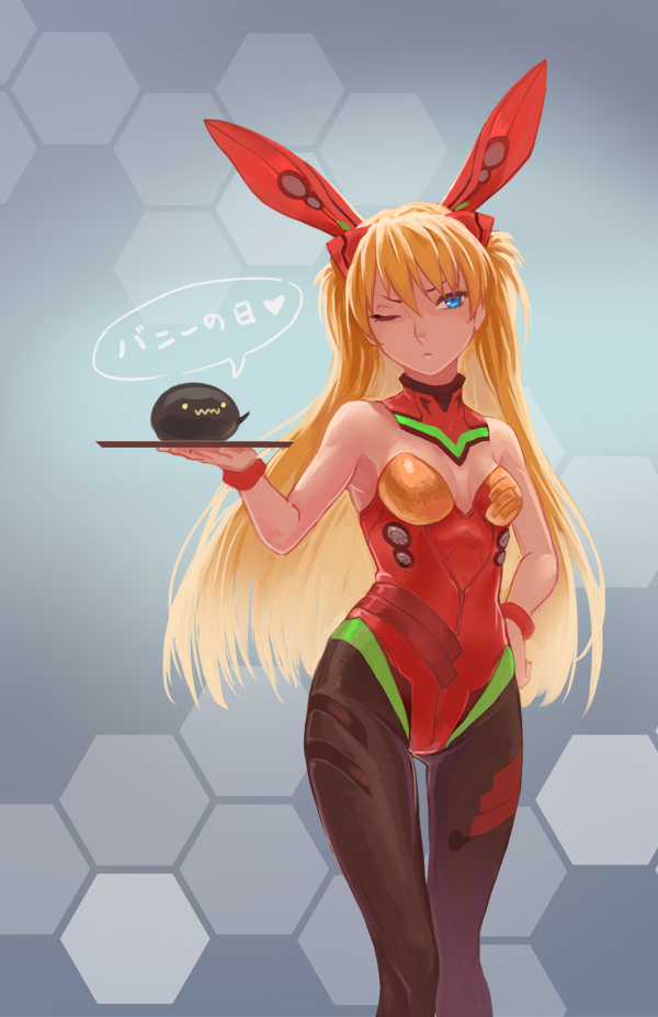 1girl, adapted_costume, animal_ears, bare_shoulders, blonde_hair, blue_eyes, hand_on_hip, long_hair, neon_genesis_evangelion, one_eye_closed, plugsuit, rabbit_ears, scotishfold, solo, souryuu_asuka_langley, tagme, translation_request