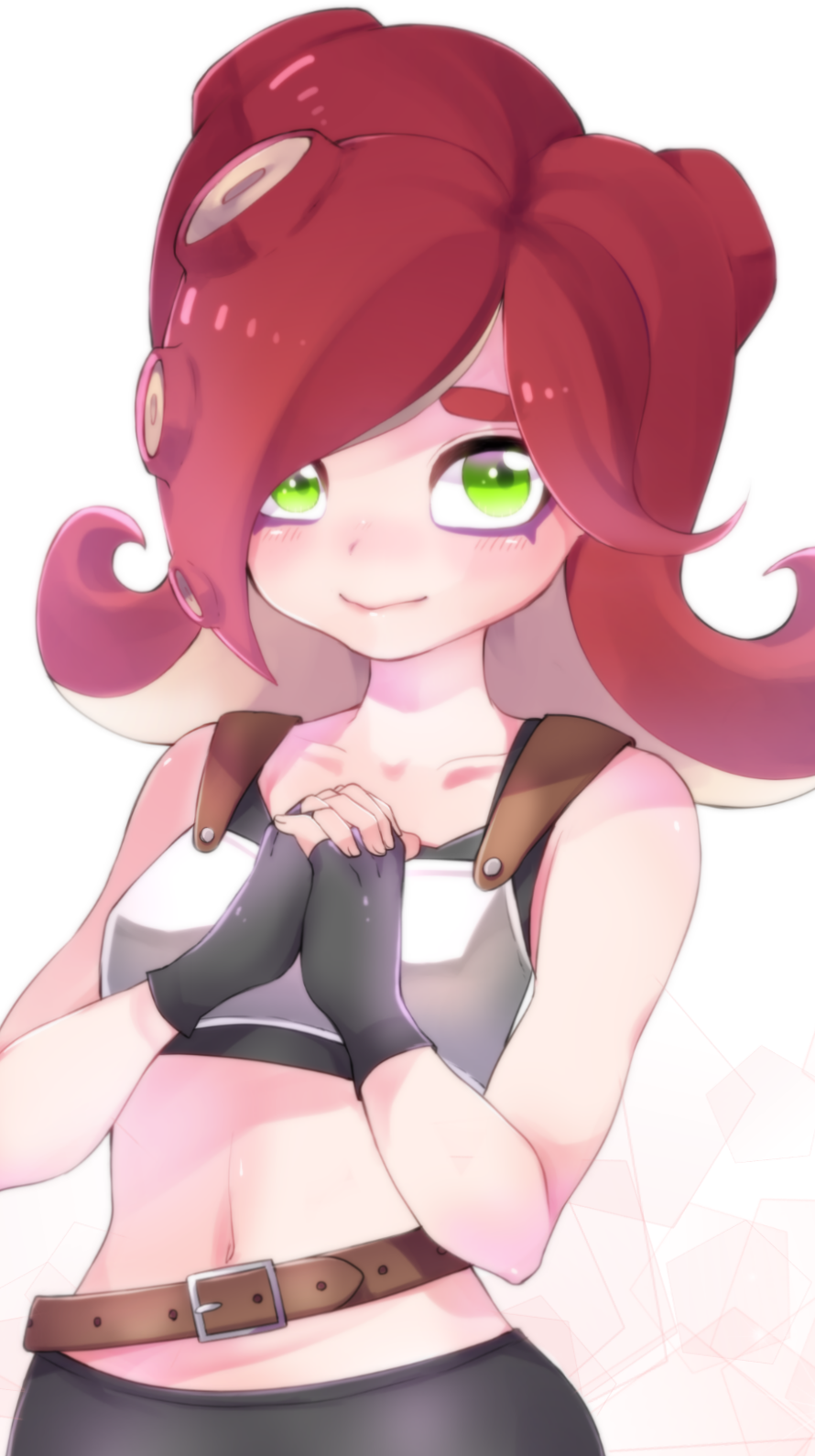 1girl, belt, black_gloves, blush, fingerless_gloves, gloves, green_eyes, highres