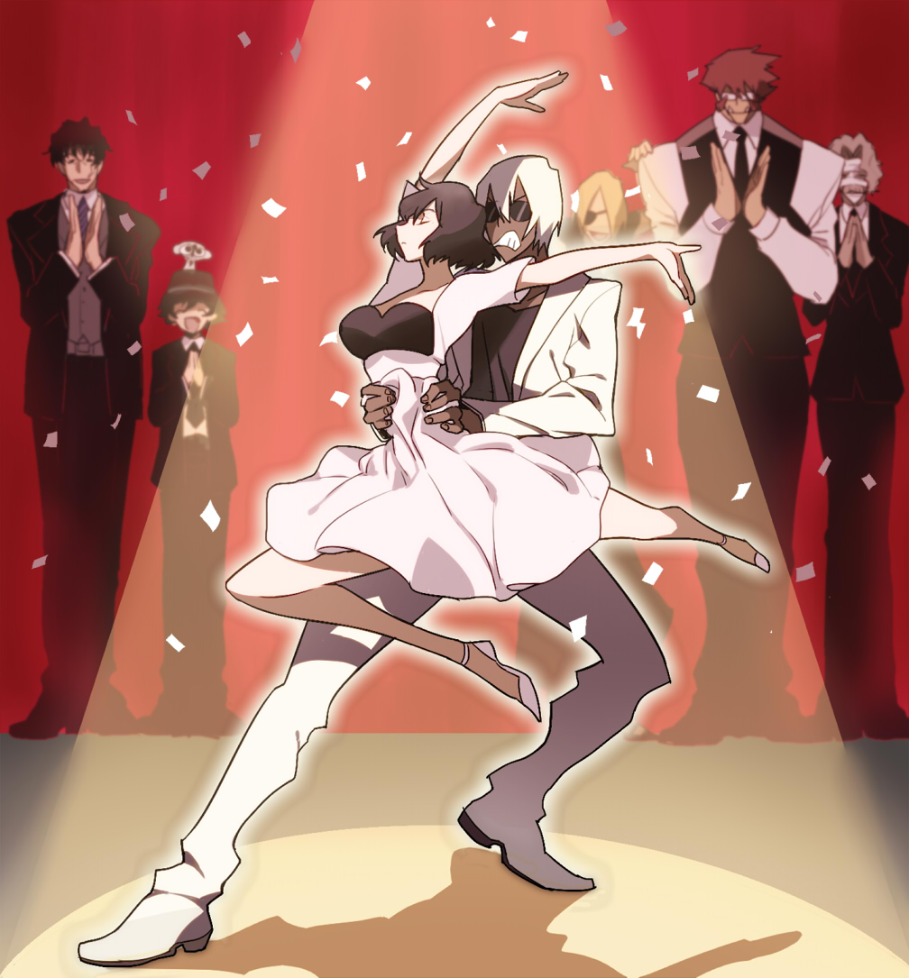 2girls, 5boys, black_hair, blonde_hair, brown_hair, chain_sumeragi, clapping, confetti, dancing, dark_skin, dress, eyepatch, fangs, formal, gilbert_f._altstein, glasses, k.k., kekkai_sensen, klaus_von_reinhertz, leonardo_watch, monkey, multiple_boys, multiple_girls, rococolove, short_hair, sonic_speed_monkey, steven_a._starphase, suit, sunglasses, white_hair, zap_renfro