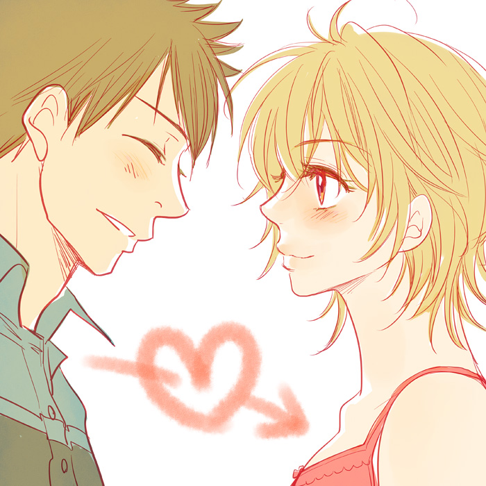 1boy, 1girl, baby_steps, blonde_hair, blush, brown_hair, closed_eyes, heart