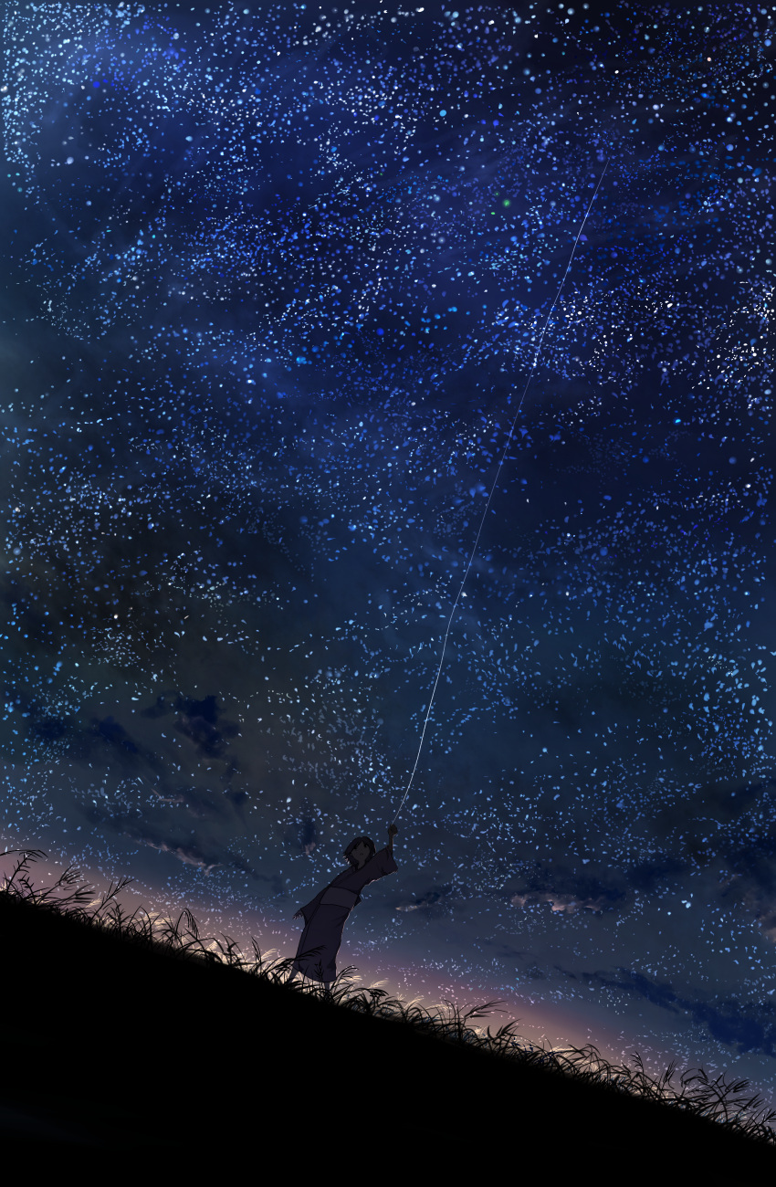 black_hair, dutch_angle, fuki_(mushishi), grass, highres, japanese_clothes, kimono, mushishi, sky, solo, star, star_(sky), starry_sky, string, yatsude