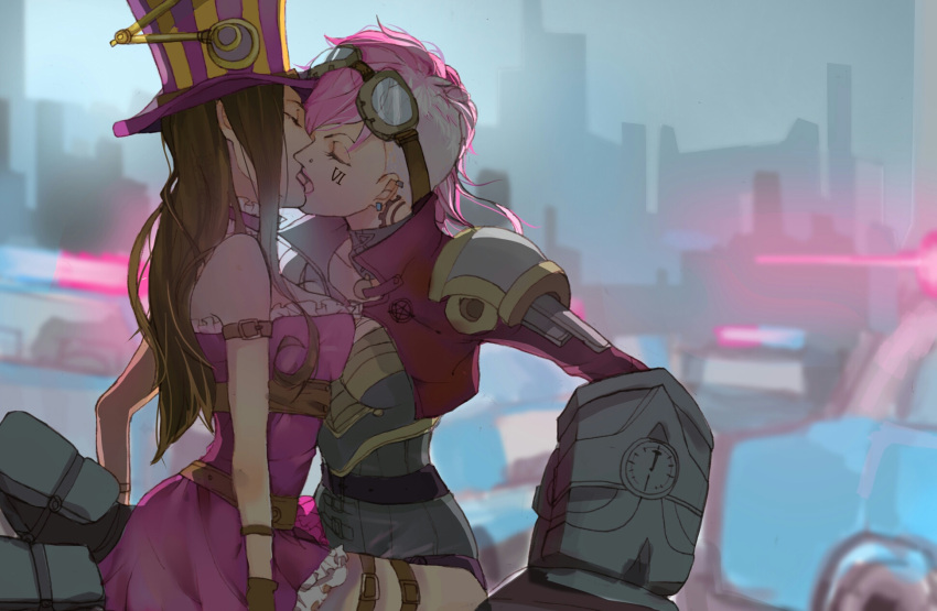 2girls, artist_request, caitlyn_(league_of_legends), car, gauntlets, gloves, goggles, hat