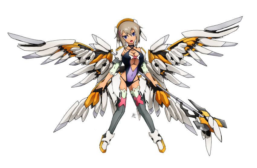 1girl, blue_eyes, clothed_navel, feathers, grey_hair, hairclip, hat, mage, mecha, mecha_musume, mechanical_halo, mechanical_wings, open_mouth, original, short_hair, simple_background, smile, solo, staff, swimsuit, thighhighs, wdy1000, white_background, wings