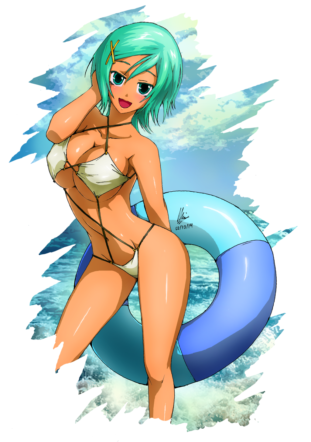 1girl, aqua_eyes, aqua_hair, blush, hairclip, innertube, navel, open_mouth