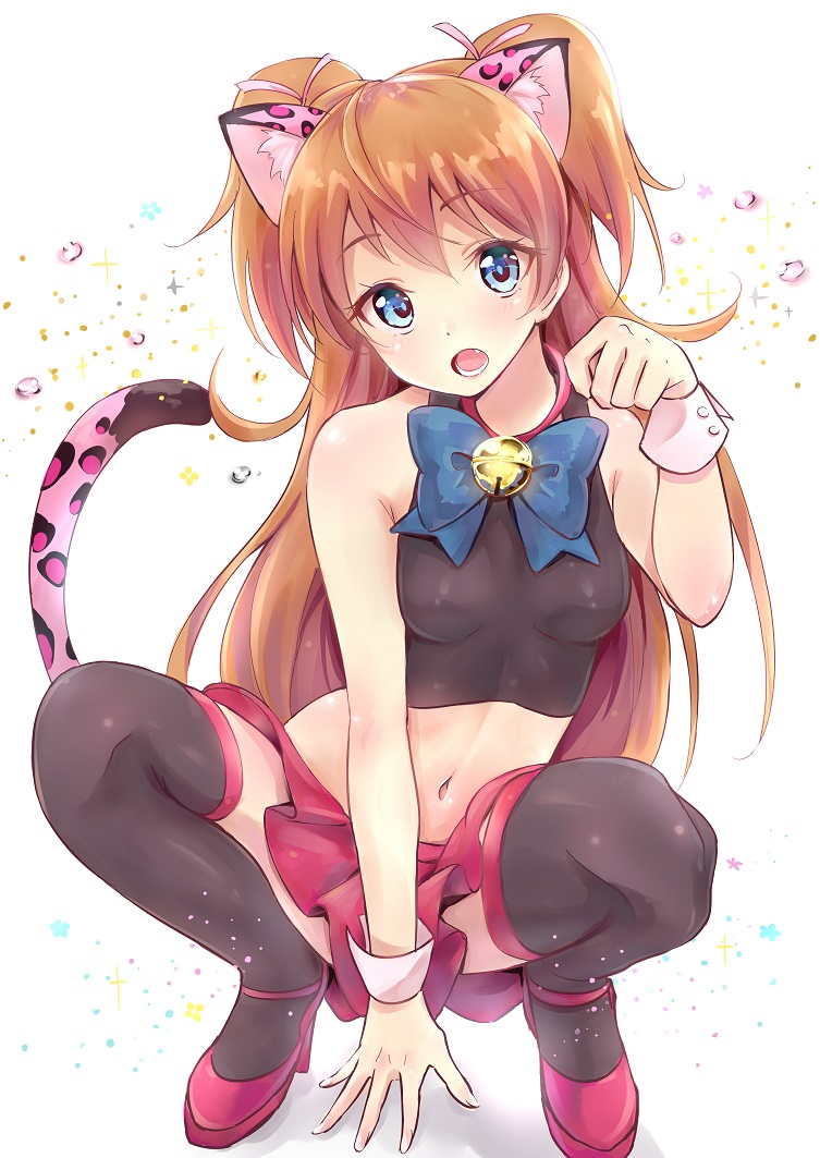 1girl, :o, animal_ears, bell, black_legwear, blue_bow, blue_eyes, bow, brown_hair, cat_ears, cat_tail, fang, houjou_hibiki, jingle_bell, kemonomimi_mode, long_hair, midriff, navel, panther_pink_(precure), paw_pose, pink_shoes, pink_skirt, precure, shoes, skirt, solo, squatting, suite_precure, tail, takeya_y0615, thigh-highs, two_side_up, white_background, wrist_cuffs