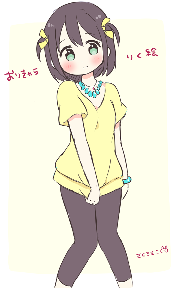 1girl, artist_name, black_hair, blush, bracelet, commentary_request, green_eyes, hair_ribbon