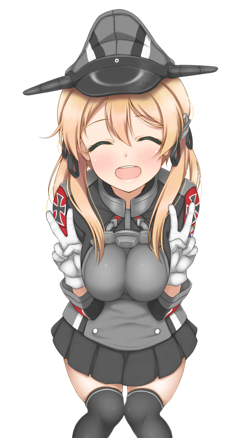 1girl, anchor_hair_ornament, blonde_hair, breasts, closed_eyes, double_v, gloves, hair_ornament