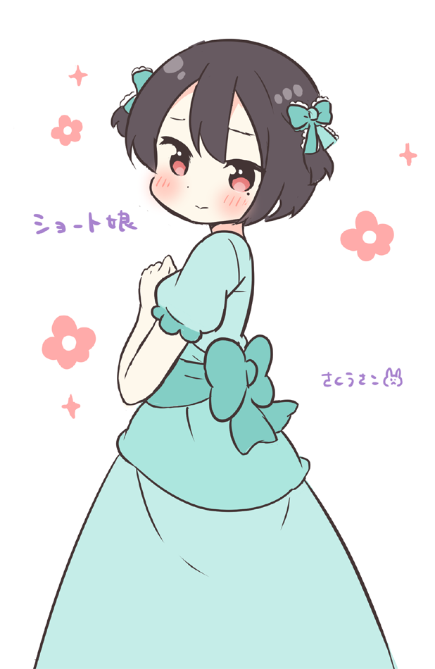 1girl, black_hair, blue_dress, blush, character_request, commentary_request, copyright_request, dress
