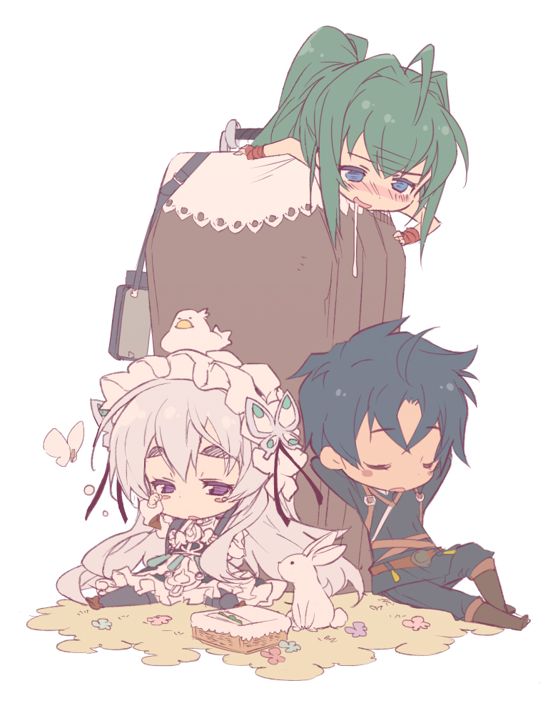 1boy, 2girls, ahoge, akari_acura, bandaged_hands, basket, belt, bird