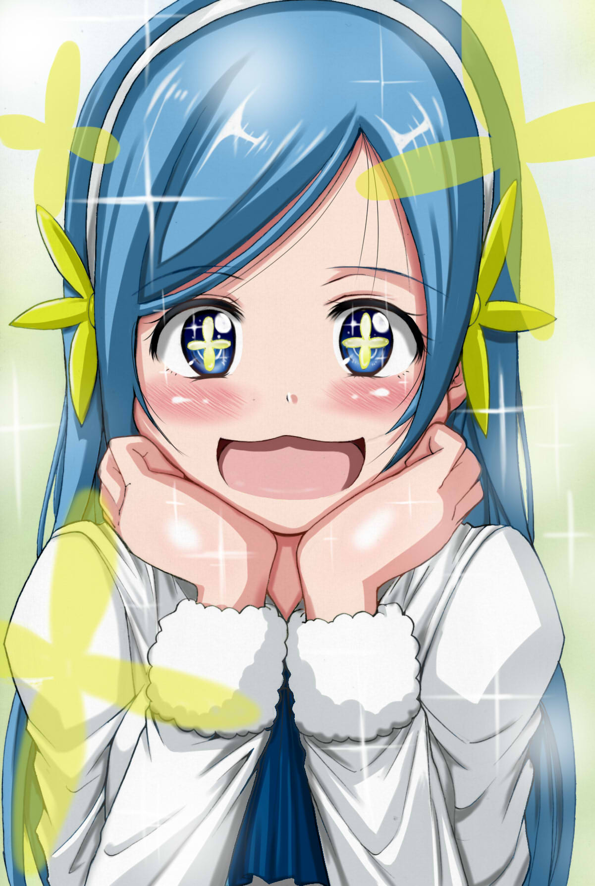 blue_hair, blush, commentary_request, hairband, highres, himouto!_umaru-chan, long_hair, symbol-shaped_pupils