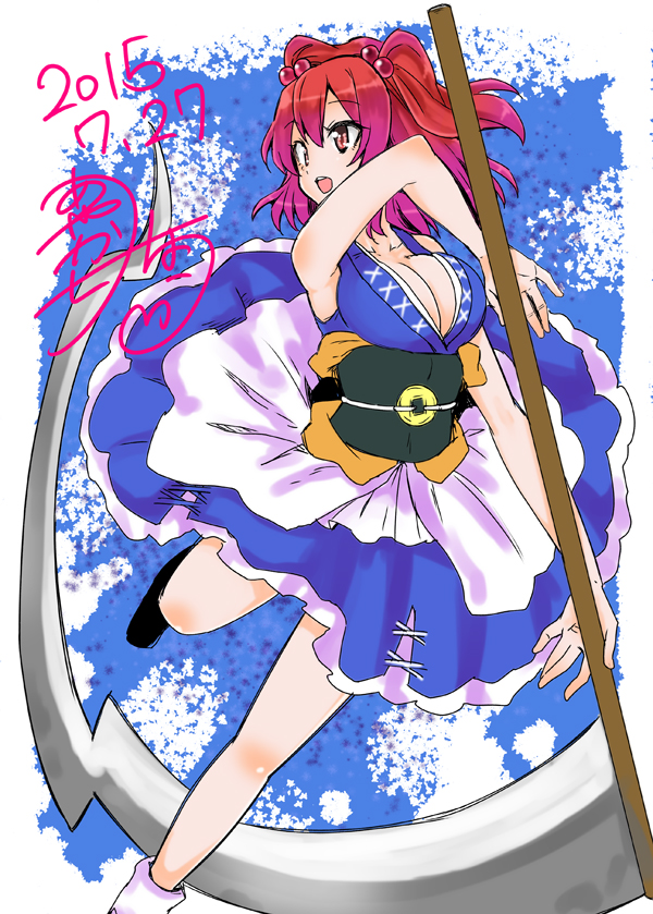 1girl, ayakase_riberi, breasts, cleavage, hair_bobbles, hair_ornament, japanese_clothes, onozuka_komachi