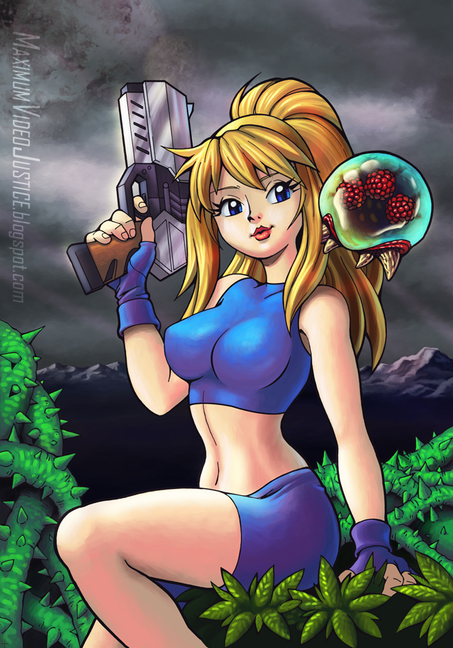 1girl, bike_shorts, blonde_hair, blue_eyes, breasts, crop_top, eyelashes, fingerless_gloves, gloves, gun, handgun, lips, long_hair, maximum_video_justice, metroid, metroid_(creature), midriff, navel, ponytail, samus_aran, sitting, skin_tight, smile, solo, watermark, weapon, web_address