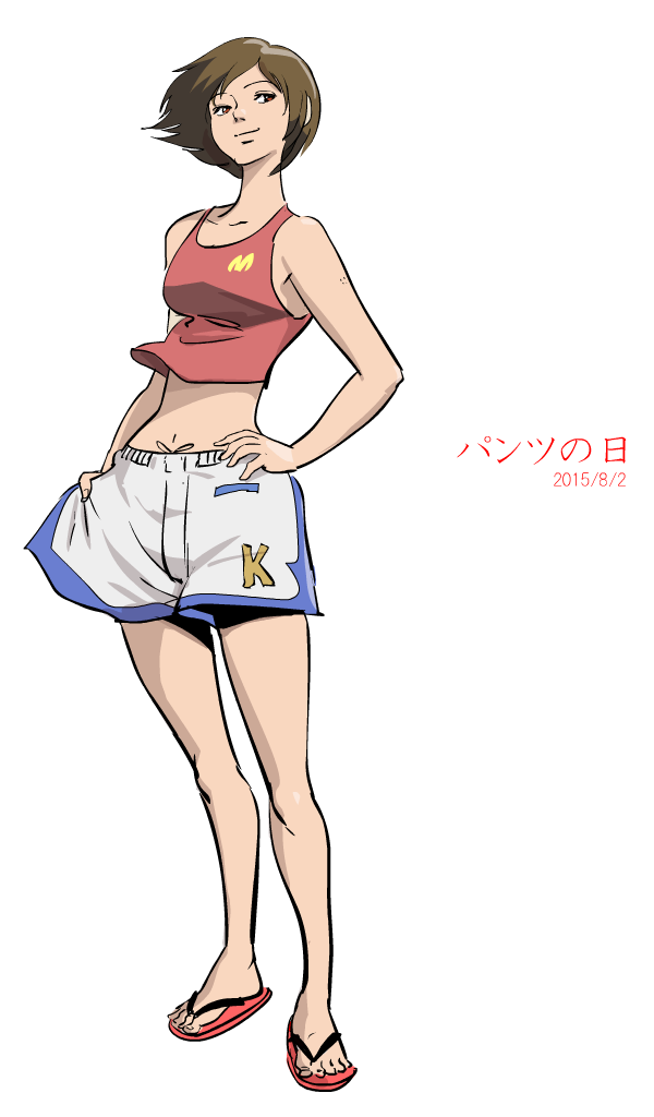 1girl, boxers, brown_eyes, brown_hair, dated, flip-flops, floating_hair, hand_on_hip