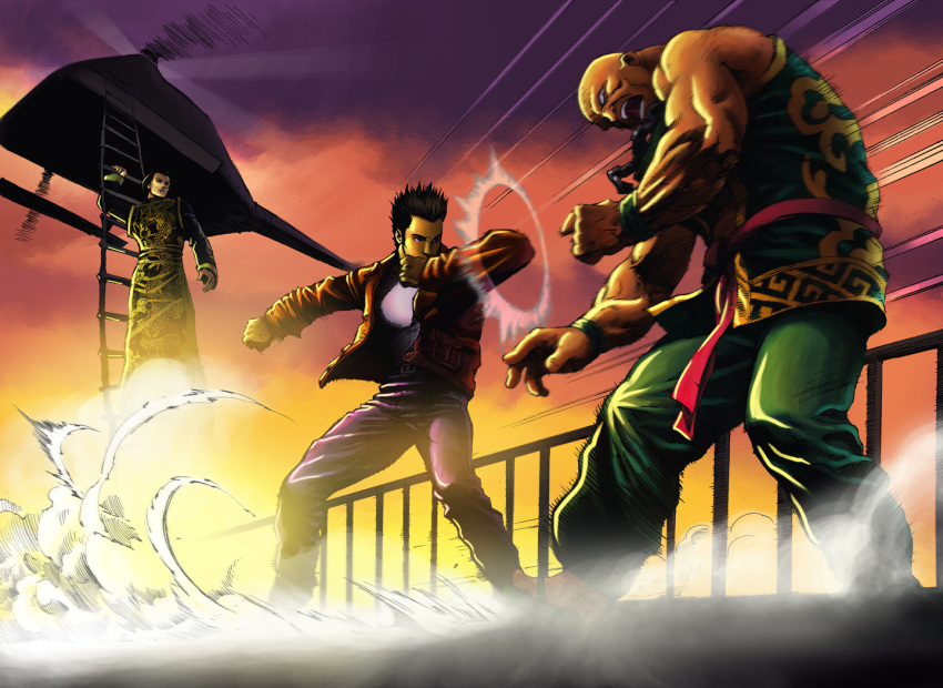 3boys, bald, battle, black_hair, bomber_jacket, chinese_clothes, denim, dou_niu, dust_cloud, elbowing, hazuki_ryou, helicopter, jeans, ladder, lan_di, male_focus, maximum_video_justice, multiple_boys, muscle, pants, shenmue_ii, sleeveless, spiky_hair