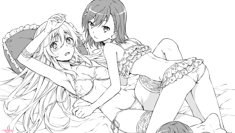 2girls, 6w6y, all_fours, ass, back, bikini, blush, breasts, cleavage, flower, girl_on_top, gloves, hair_flower, hair_ornament, long_hair, looking_back, lying, misaka_mikoto, monochrome, multiple_girls, navel, on_back, pillow, polka_dot, polka_dot_bikini, polka_dot_swimsuit, shokuhou_misaki, side-tie_bikini, spider_web_print, swimsuit, tears, thigh-highs, to_aru_kagaku_no_railgun, to_aru_majutsu_no_index, untied, untied_bikini