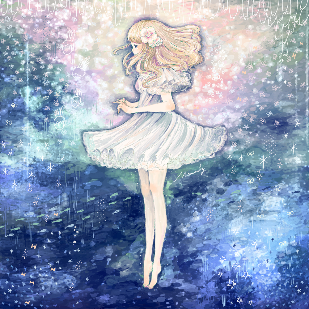 1girl, artist_name, bare_legs, barefoot, blonde_hair, closed_eyes, dress, fish