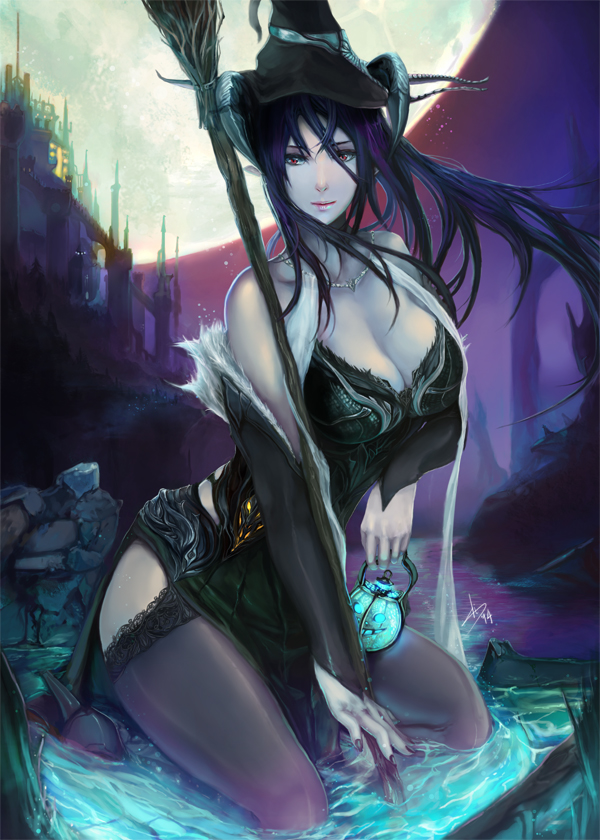 alta_ji, black_hair, breasts, broom, cleavage, detached_sleeves, dress, fingernails, halloween, hat, high_heels, horns, jewelry, kneeling_on_water, lantern, long_hair, looking_at_viewer, moon, necklace, original, pantyhose, signature, water, witch_hat