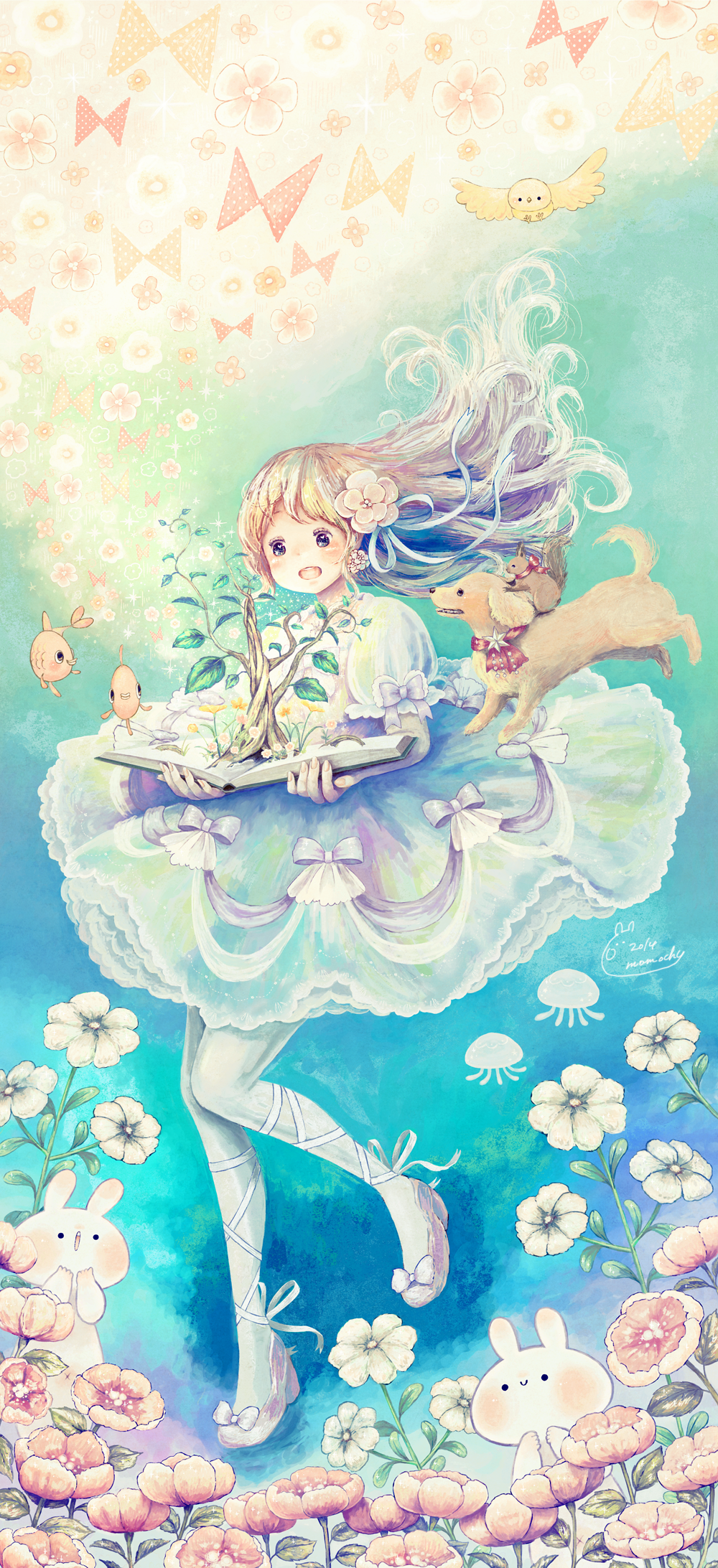 1girl, :o, abstract, artist_name, bird, blush, book, bow