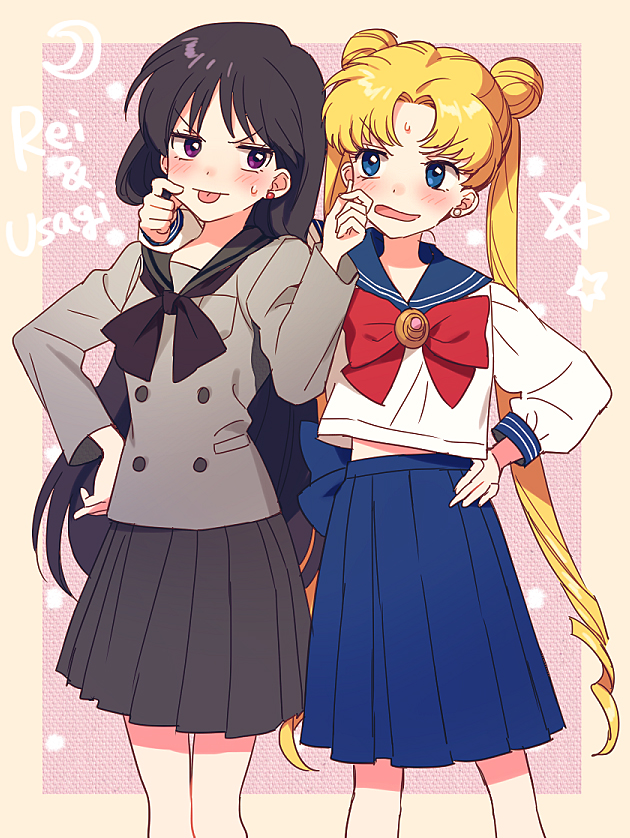 2girls, :d, bishoujo_senshi_sailor_moon, black_skirt, blonde_hair, blue_eyes, blue_skirt, blush, double_bun, hino_rei, long_hair, multiple_girls, open_mouth, rezigigasunoyume, school_uniform, skirt, smile, tsukino_usagi, twintails, violet_eyes