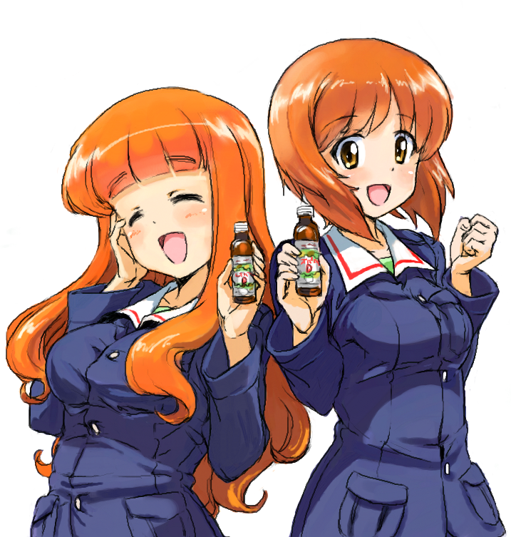 2girls, :d, blush, buttons, girls_und_panzer, hand_on_own_face, holding, long_hair