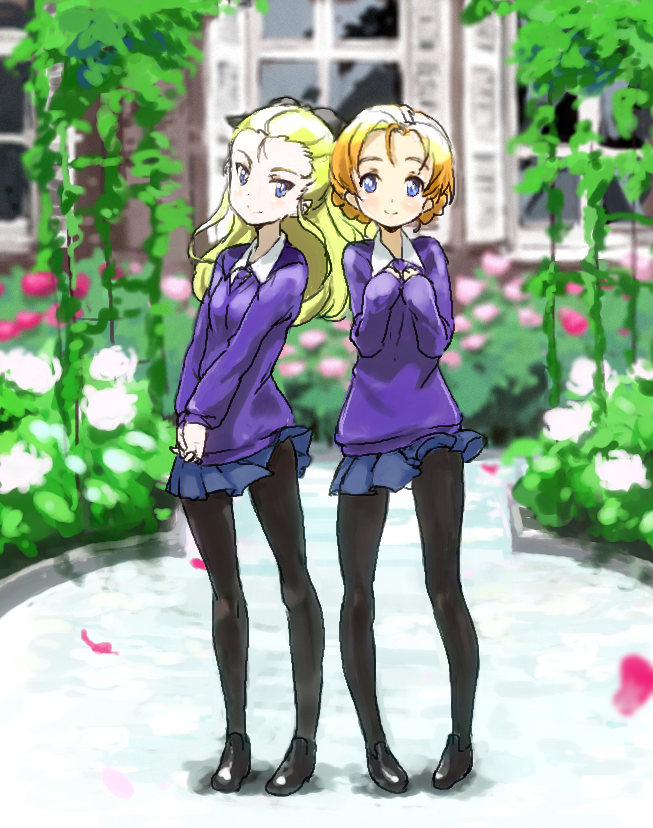 2girls, black_bow, black_legwear, blonde_hair, blue_eyes, blue_skirt, bow, braid