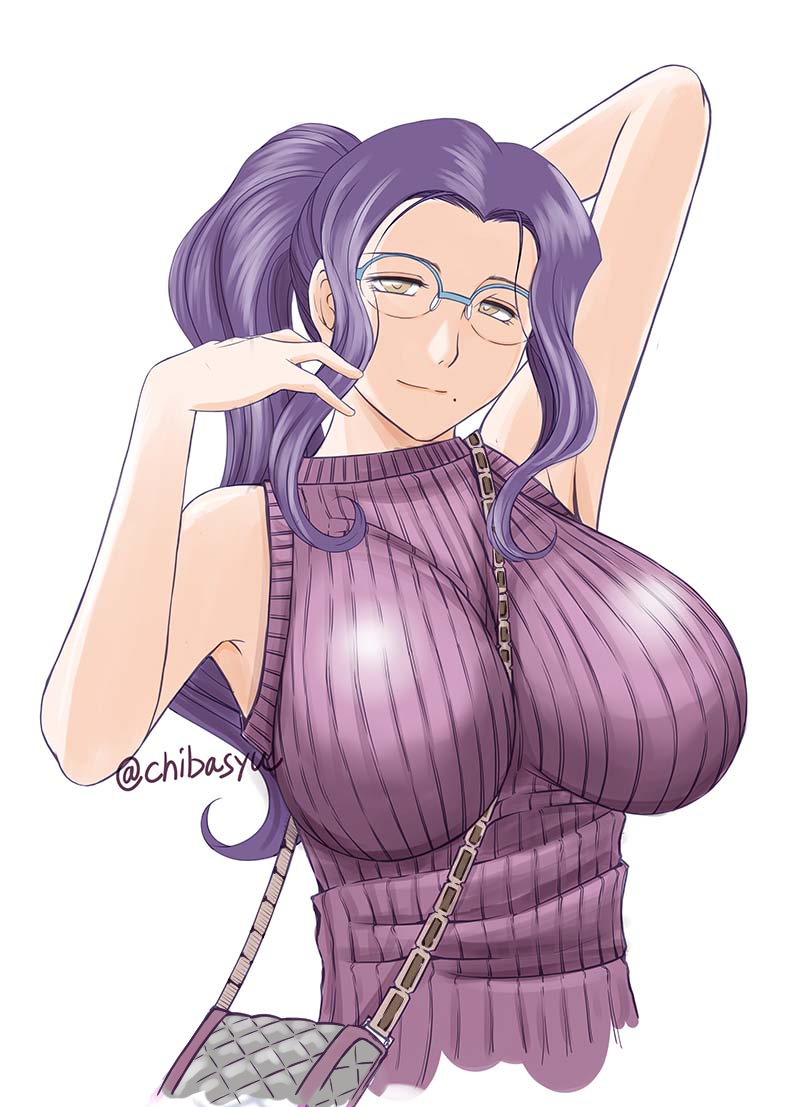 1girl, arm_up, armpits, bag, breasts, brown_eyes, chiba_shuusaku, glasses, handbag, impossible_clothes, impossible_sweater, kyuujou_lovers, large_breasts, long_hair, mole, mole_under_mouth, motomachi_shouko, over-rim_glasses, ponytail, portrait, purple_hair, ribbed_sweater, semi-rimless_glasses, sidelocks, smile, solo, strap_cleavage, sweater, sweater_vest