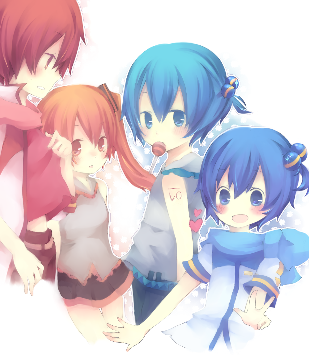 akita_neru, blonde_hair, blue_eyes, blue_hair, blush, candy, genderswap, hatsune_mikuo