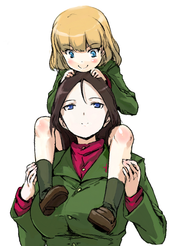 2girls, blonde_hair, blue_eyes, blush, breasts, brown_hair, buttons, girls_und_panzer