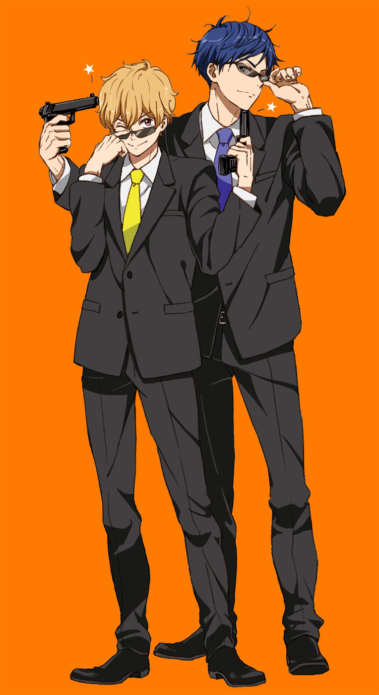 2boys, :>, blonde_hair, blue_hair, formal, free!, gun, handgun