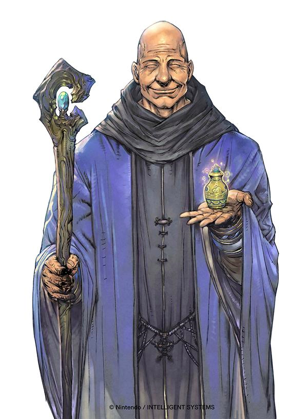 1boy, bald, closed_eyes, fire_emblem, fire_emblem:_mystery_of_the_emblem, solo, staff, watermark, white_background, wrys_(fire_emblem)