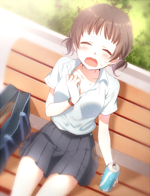 1girl, bag, bench, blush, brown_hair, closed_eyes, collar_tug, collarbone