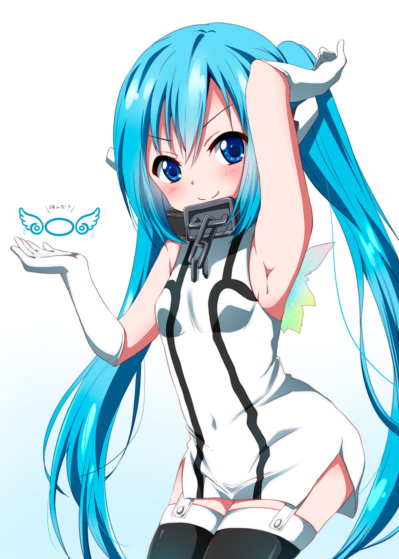 1girl, arm_up, armpits, blue_eyes, blue_hair, blush, gloves, long_hair, looking_at_viewer, nymph_(sora_no_otoshimono), ragho_no_erika, solo, sora_no_otoshimono, thigh-highs, twintails, very_long_hair, wings