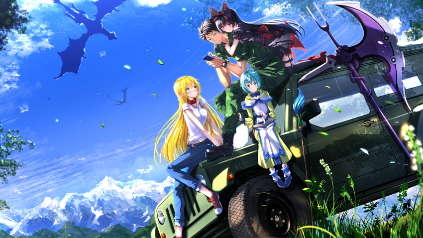 1boy, 3girls, blonde_hair, blue_hair, dragon, gate_-_jieitai_ka_no_chi_nite_kaku_tatakaeri, gothic_lolita, high_heels