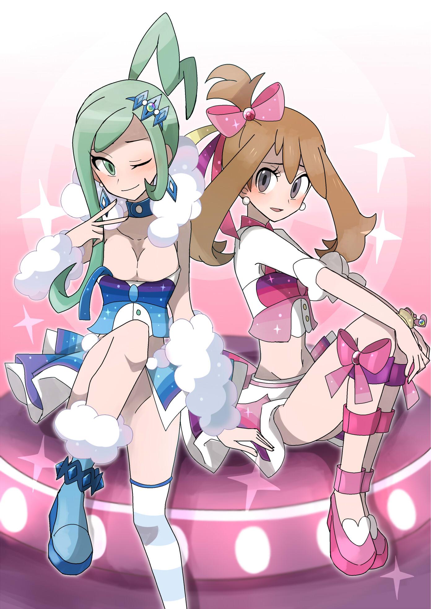 aqua_eyes, aqua_hair, bare_shoulders, black_eyes, breasts, brown_hair, cleavage, haruka_(pokemon), haruka_(pokemon)_(remake), highres, kuroi_paseri, lucia_(pokemon), one_eye_closed, pokemon, pokemon_(game), pokemon_oras, single_thighhigh, sitting, skirt, thigh-highs
