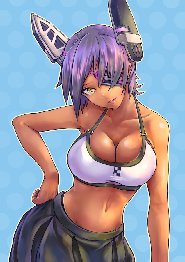 1girl, bikini, breasts, eyepatch, ha_to_mi, hand_on_hip, headgear, kantai_collection, large_breasts, lipstick, makeup, navel, open_mouth, purple_hair, short_hair, skirt, smile, solo, swimsuit, tan, tenryuu_(kantai_collection), white_bikini, white_swimsuit, yellow_eyes
