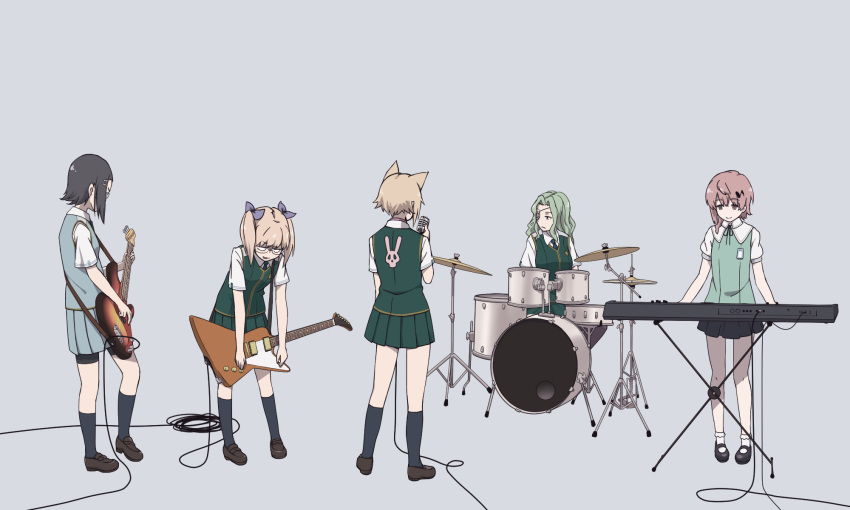 5girls, bass_guitar, drum, drum_set, eyepatch, guitar, highres, idou_kyoushitsu