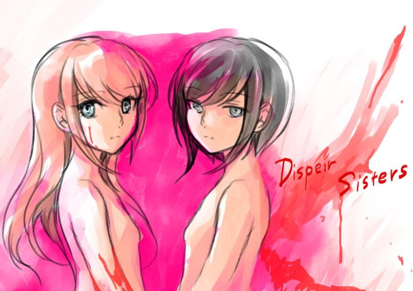 2girls, black_hair, blonde_hair, blood, blood_on_face, blue_eyes, bob_cut, commentary