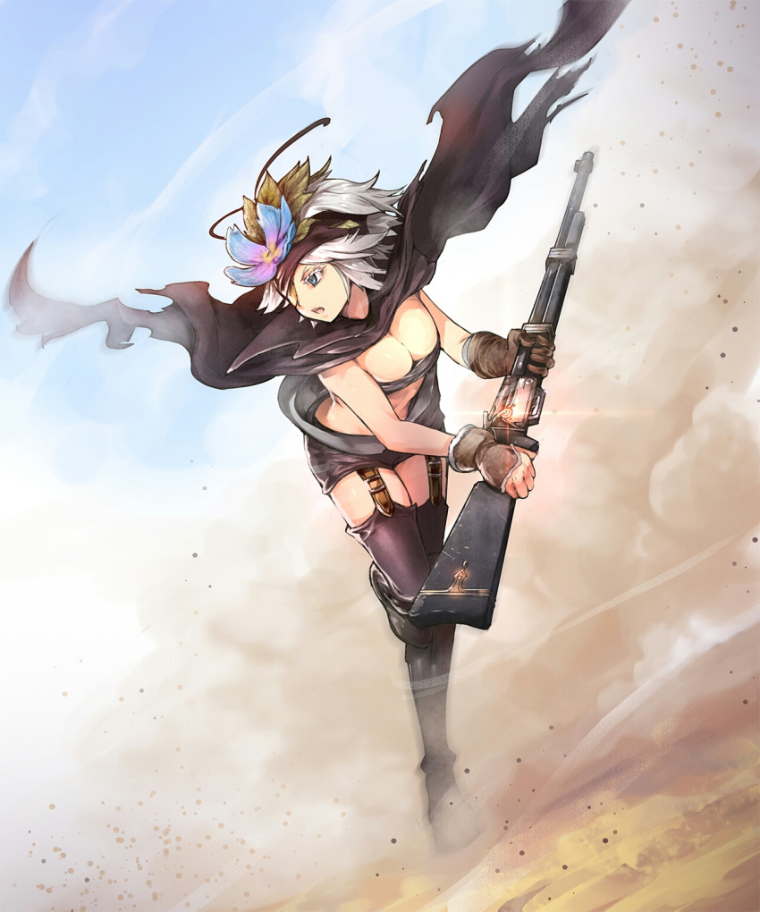 1girl, blue_eyes, breasts, cape, cleavage, eyepatch, flower, fremy_speeddraw
