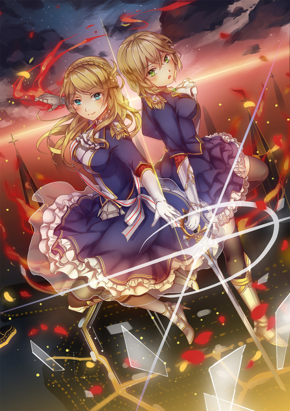 2girls, :o, black_legwear, blonde_hair, blue_dress, blue_eyes, blush, cross, dress, fire, frilled_dress, frills, gloves, green_eyes, high_heels, highres, horizon, looking_at_viewer, multiple_girls, neckerchief, original, sky, smile, star_(sky), starry_sky, stripe_(artist), sword, thigh-highs, weapon, white_gloves