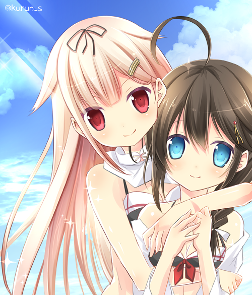 2girls, kantai_collection, kurun_(kurun777), looking_at_viewer, multiple_girls, shigure_(kantai_collection), swimsuit, tagme