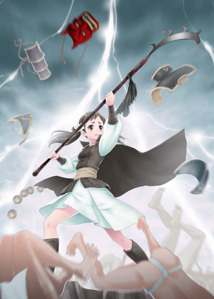 1girl, brown_eyes, brown_hair, cape, electricity, fire_emblem, fire_emblem_if, lance