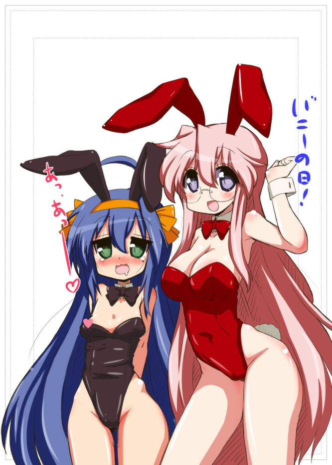 2girls, ahoge, animal_ears, blue_hair, blush, bowtie, breasts, bunnysuit