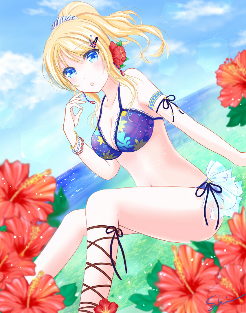 1girl, ayase_eli, bikini, blonde_hair, blue_eyes, breasts, long_hair, love_live!_school_idol_project