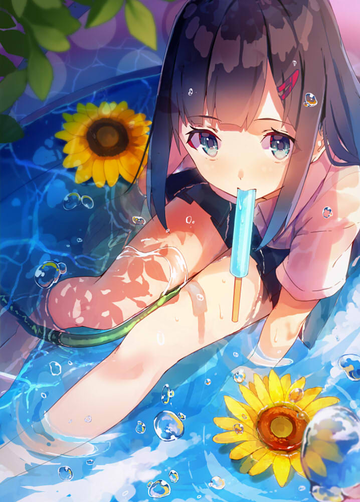 1girl, black_hair, flower, hair_ornament, hairclip, hairpin, long_hair, looking_at_viewer, looking_up, original, pleated_skirt, popsicle, skirt, sunflower, water, water_hose, yasumo_(kuusouorbital)