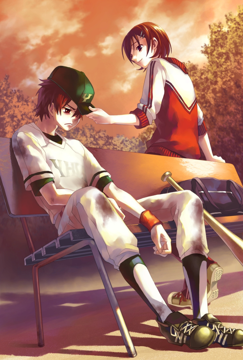 baseball_bat, baseball_cap, baseball_uniform, bench, blush, brown_hair, couple, duffel_bag