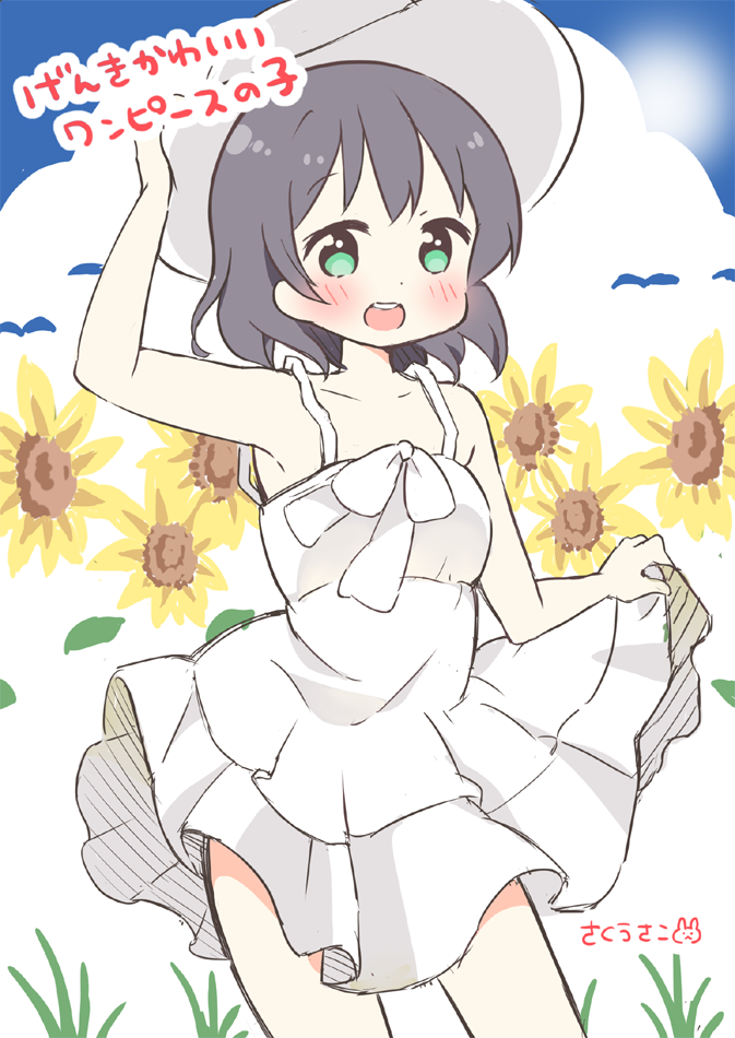 1girl, :d, artist_name, black_hair, blush, bow, commentary_request, dress