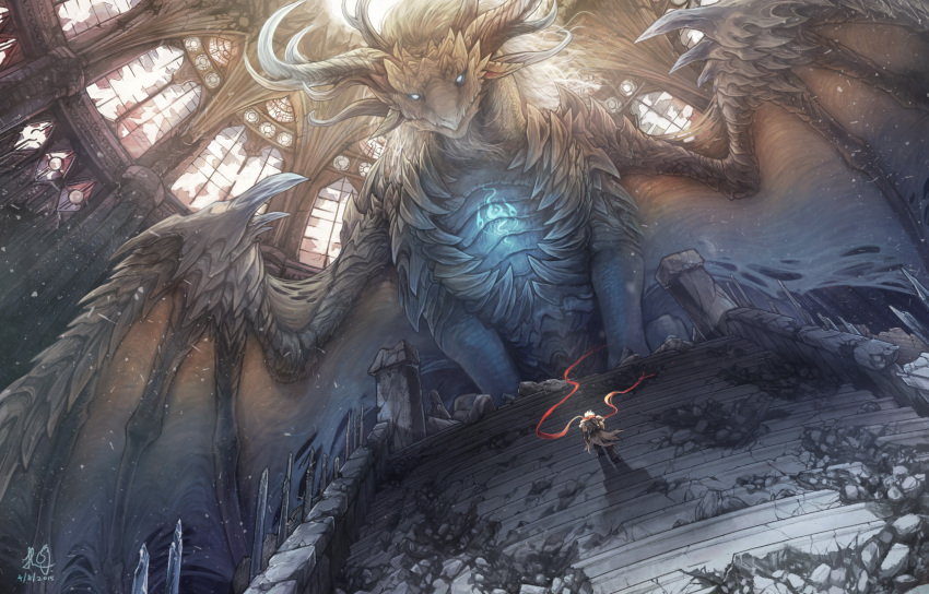 1boy, cporing, dragon, glowing, highres, ruins, scarf, white_hair